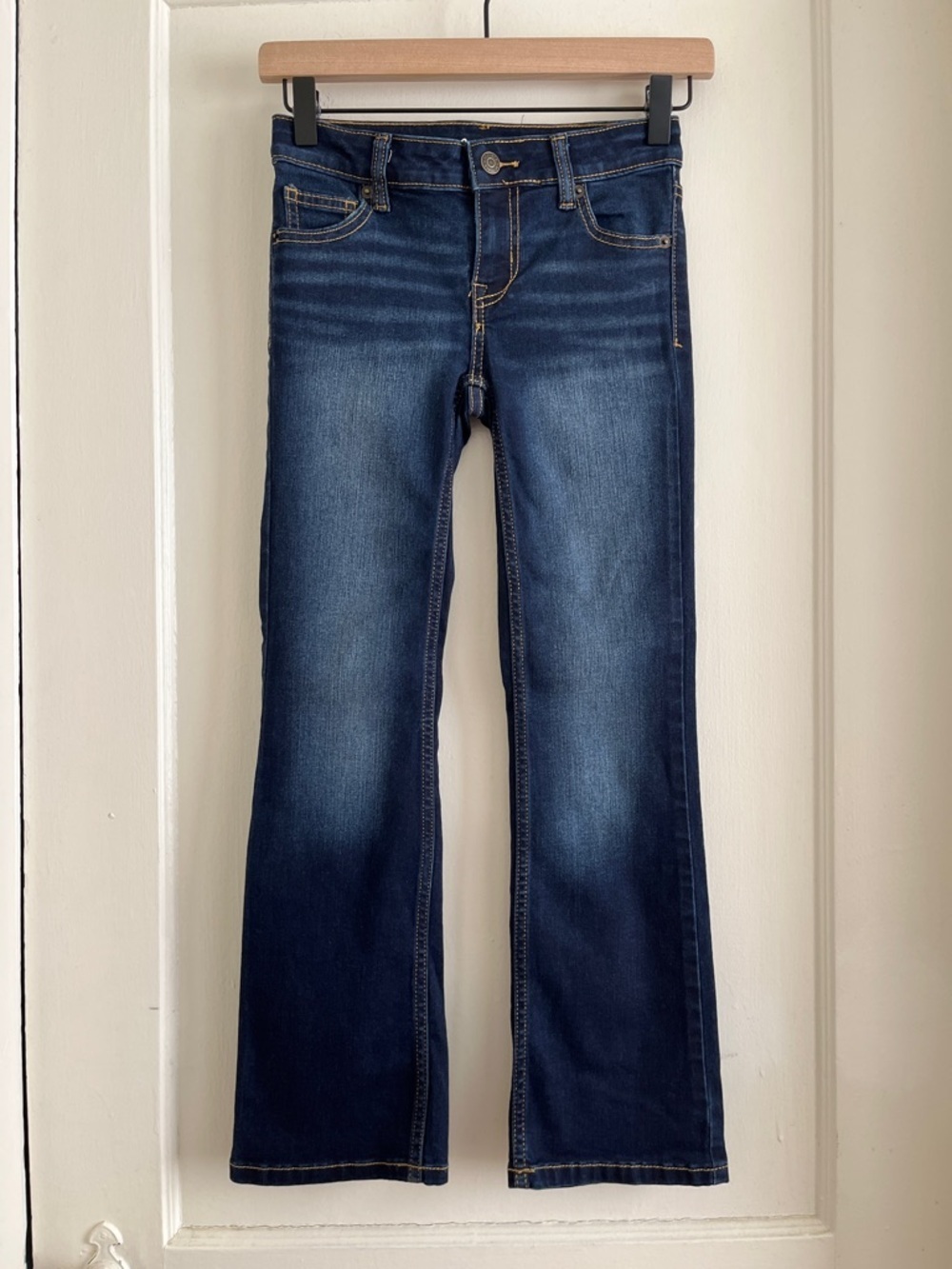 NWOT Girls Size 8 Dark Wash Super Stretch Bootcut Flare Denim Jeans Low Rise